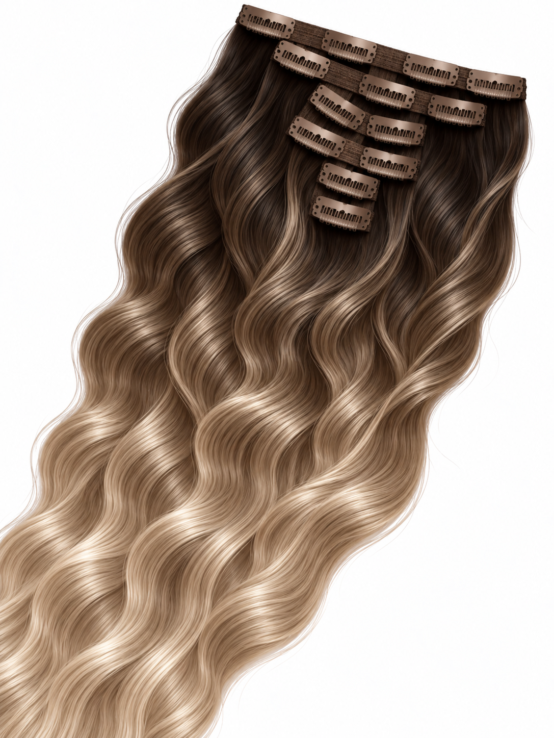 Double Drawn Wavy Clip-In Hair Extensions – Espresso Icy Blonde Long Root Ombre – 2T/SIL-1/3#