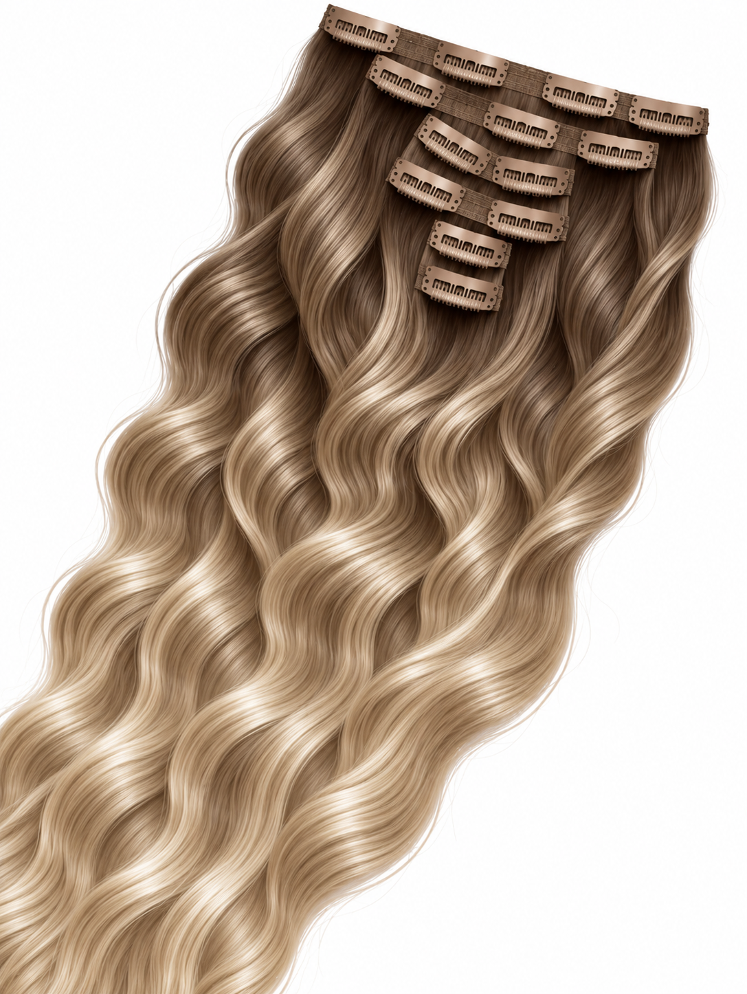 Double Drawn Wavy Clip-In Hair Extensions – Ash Beige Long Root Ombre – 3T/NOR-1/3#
